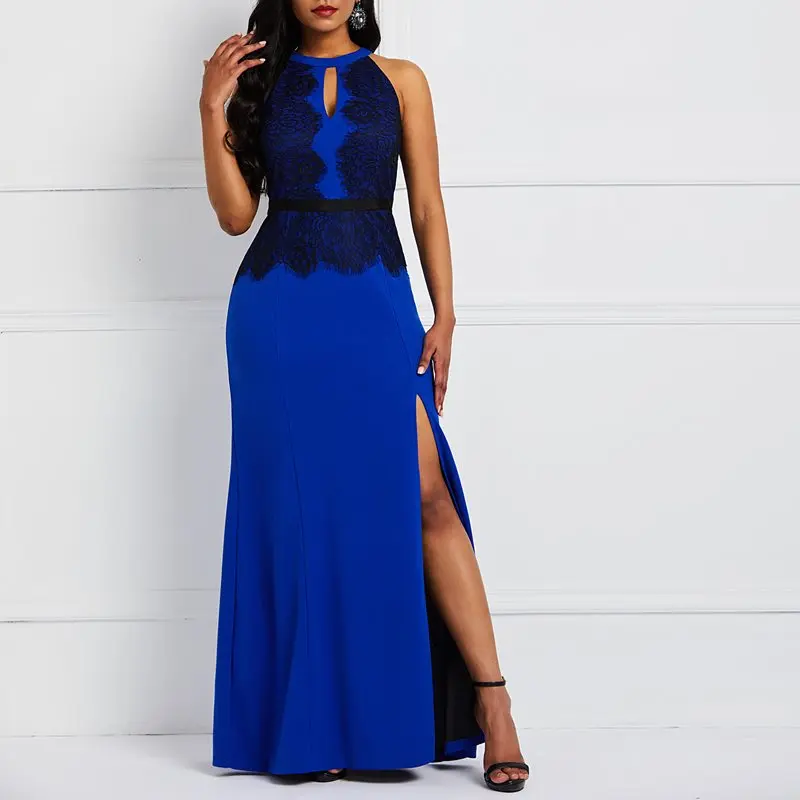 Летнее сексуальное кружевное вечернее длинное платье с лямкой на шее элегантное