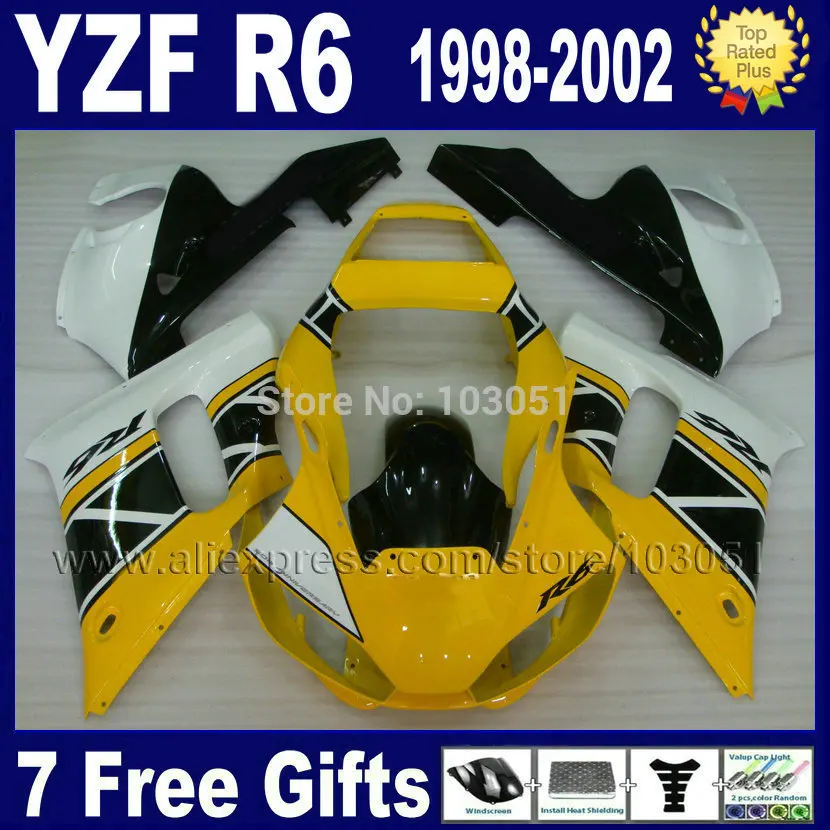 Обтекатели для мотоцикла YAMAHA YZF R6 1998 1999 2000 2001 2002 желтый белый 98 99 01 02 обтекатель