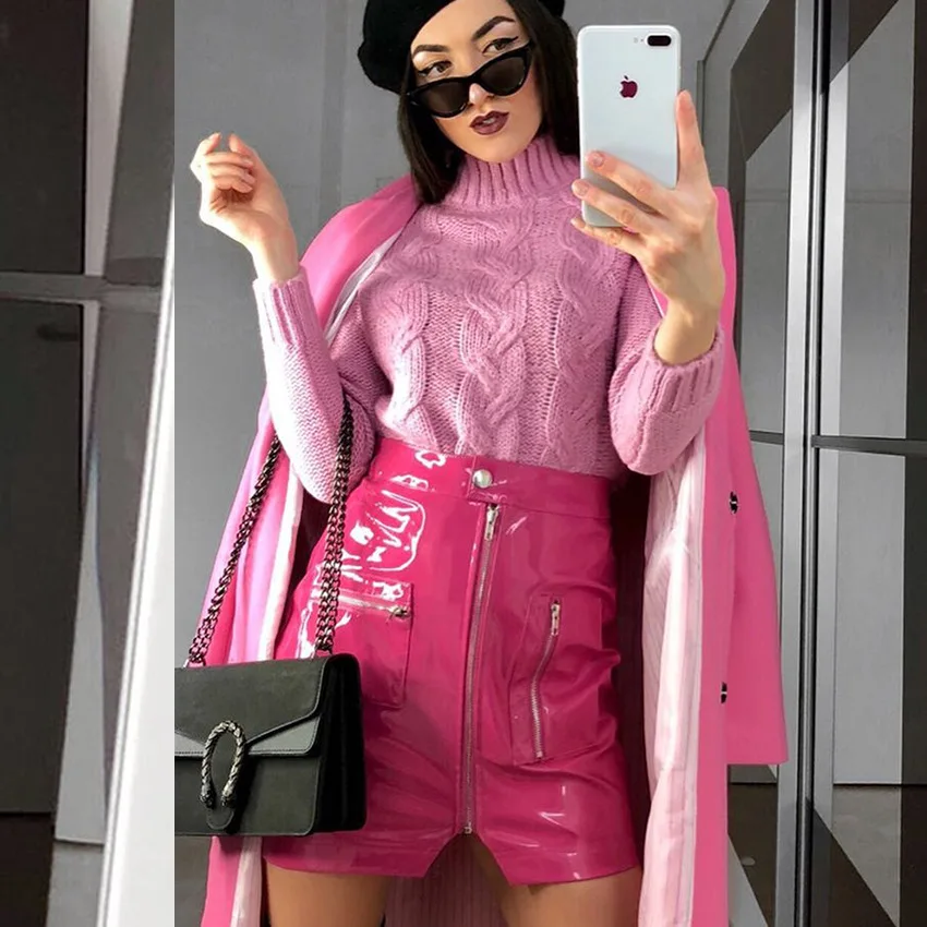 Женская Байкерская юбка из ПУ кожи розовая трапециевидная на молнии пуговицах в