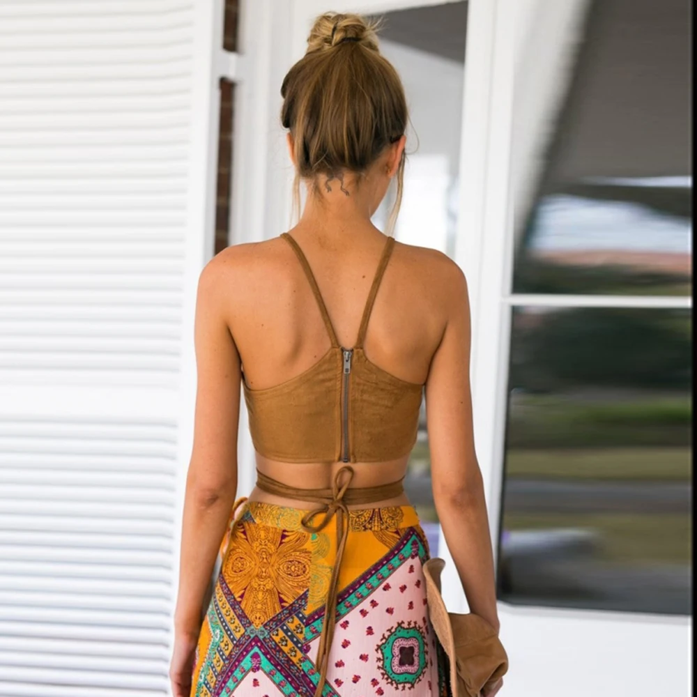 HDY Haoduoyi Для женщин Бохо коричневый из искусственной замши Cami Crop Top в китайском