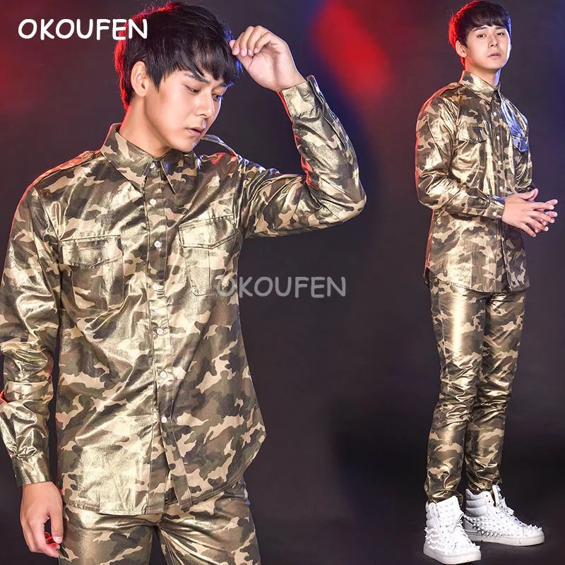 

Fashion Men's camouflage Shirt pants costumes bar nightclub male singer host stage show performance clothing adult stage wear
