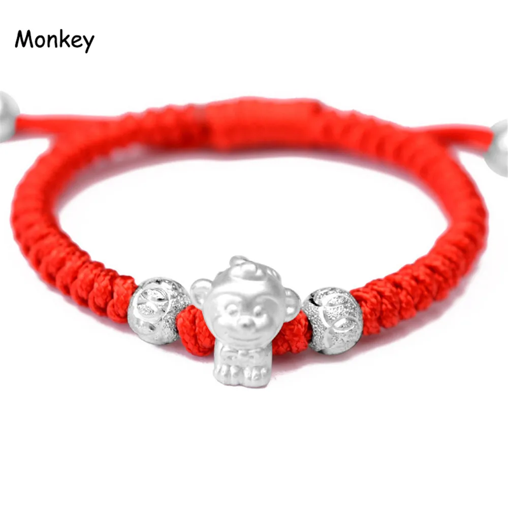 Monkey Симпатичная серебряная подвеска-талисман в виде собаки, 999, браслет, китайский счастливый ручной вязки, красная веревка для мальчиков, подарок на день рождения - Окраска металла: Monkey
