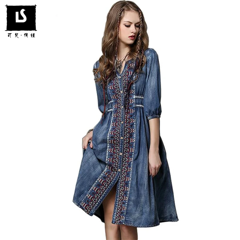 

2020 Spring Summer Denim Dresses National Style Embroidery Dress Women Half Sleeve Lady Vintage V-Neck Cardigan Dress Vestidos