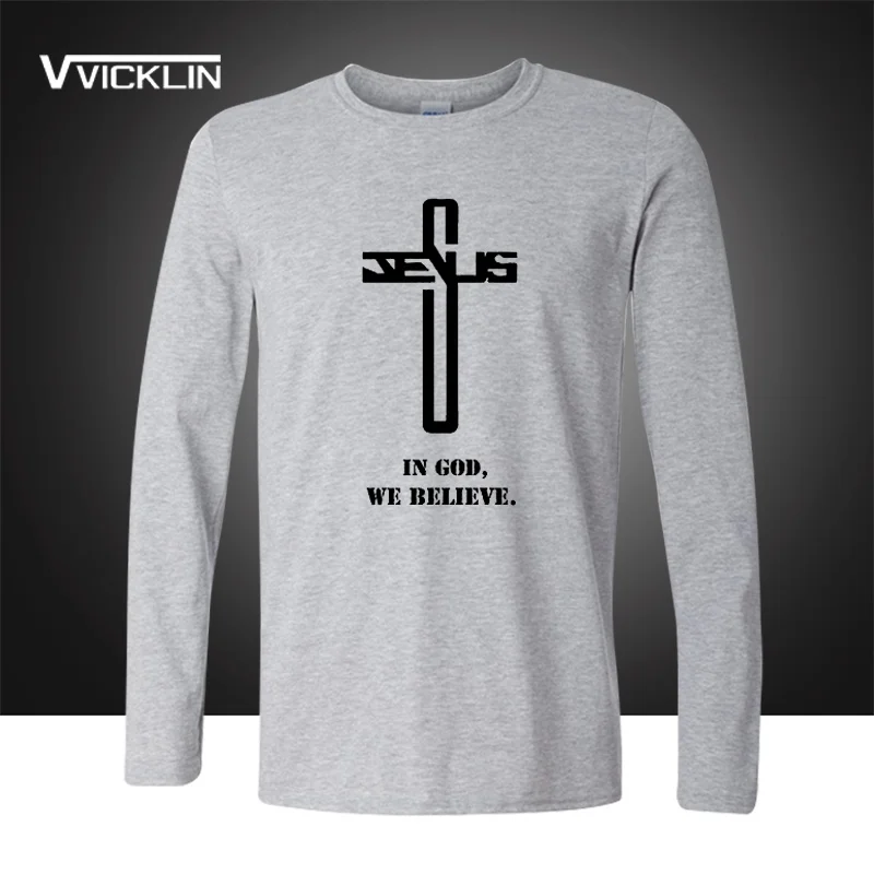 In God We believe printed t shirt long sleeve Christian Cross belief jersey tee cotton joggers blessed t-shits plus size | Мужская