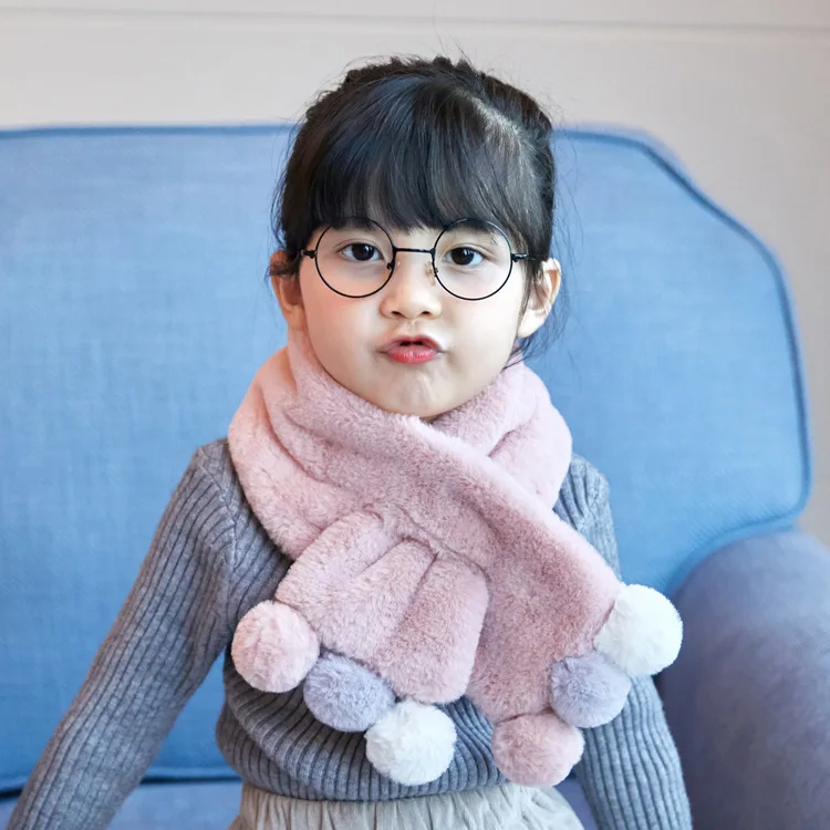 

Autumn Winter Scarf for Kids Solid Velvet Scarf Korean Style Thickening Warm Double Color Children Scarves with Balls Kid Bibs