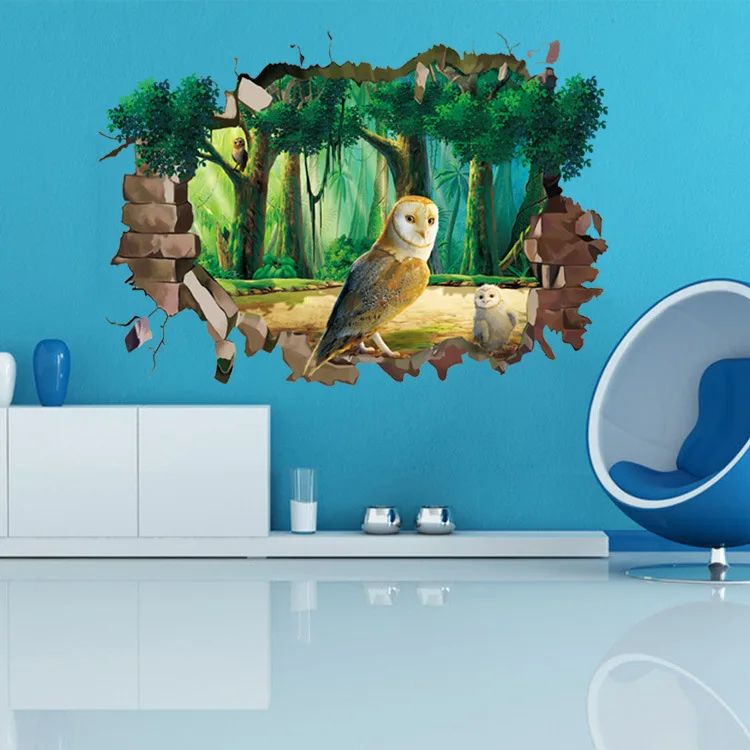 50*70 см сломанная стена Сова 3D Наклейка на стену для детей комнаты мультфильм сова