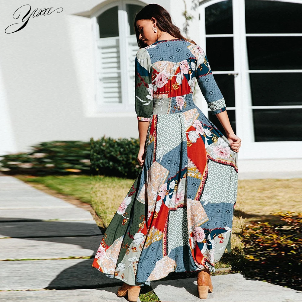 Boho style женское пляжное шифоновое платье с глубоким v-образным вырезом Женские повседневные платья с цветочным принтом Повседневное платье Макси женское летнее платье