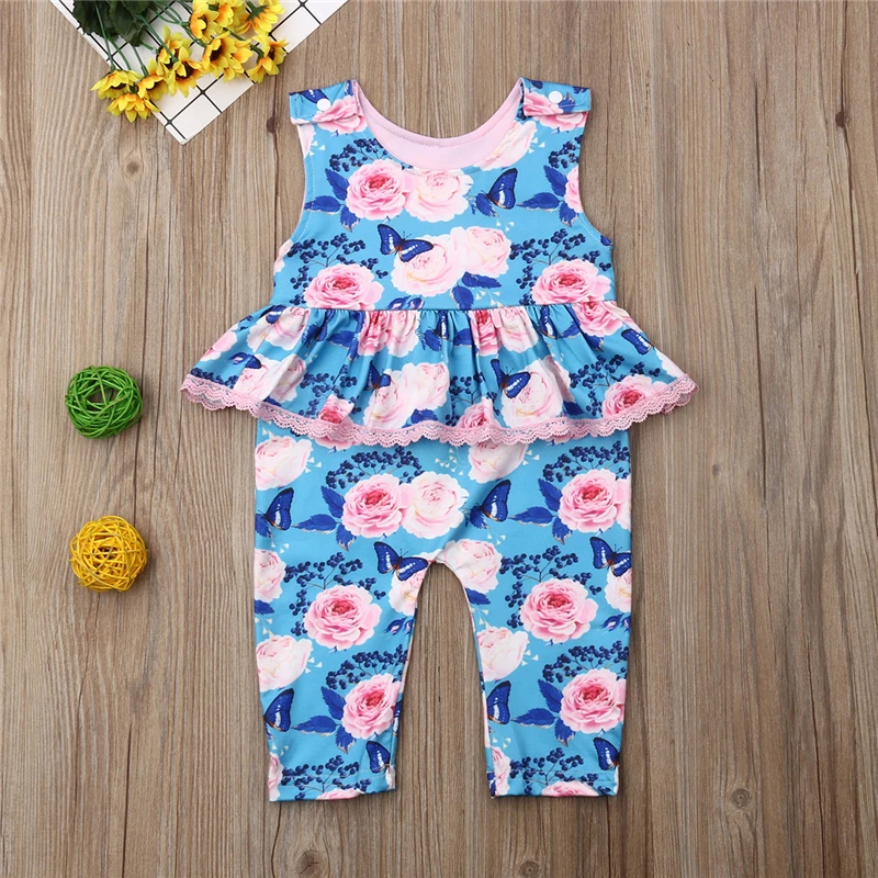 2019 Summer Cute Sleeveless Floral Round Neck Jumpsuit Outfit Clothes 0-24M Toddler Newborn Baby Girl Flower Ruffle Romper | Детская