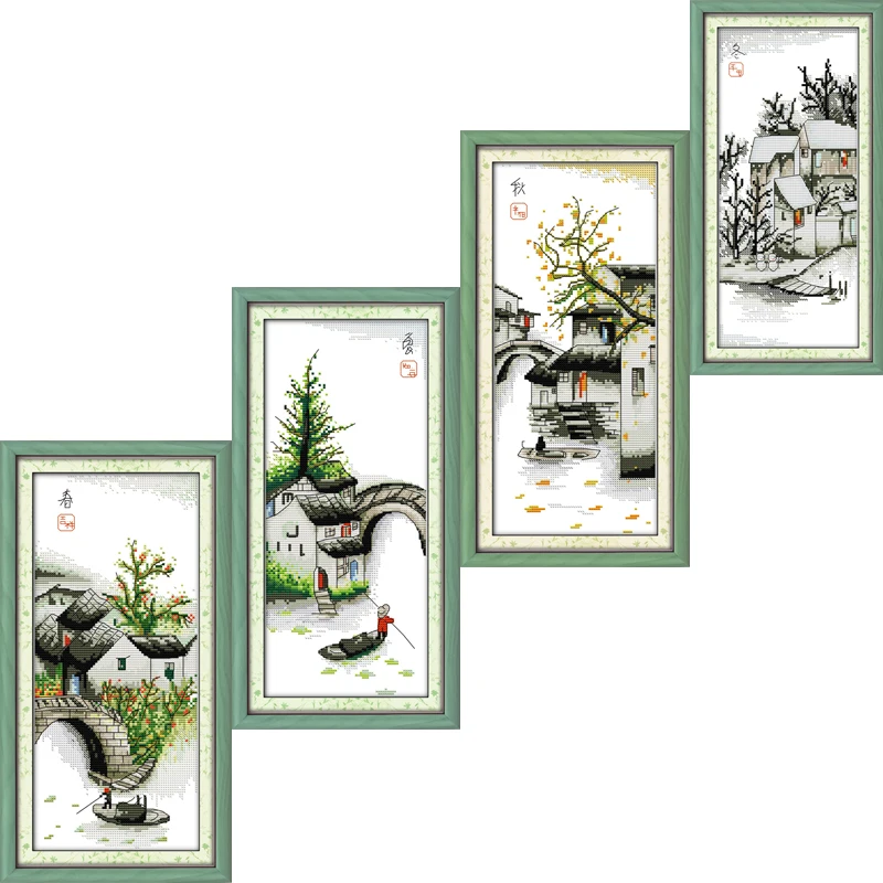 

New Joy Sunday DMC Cross Stitch Needlework Landscape Four Seasons in Water Village DIY Needlework Sets For Embroidery Kits