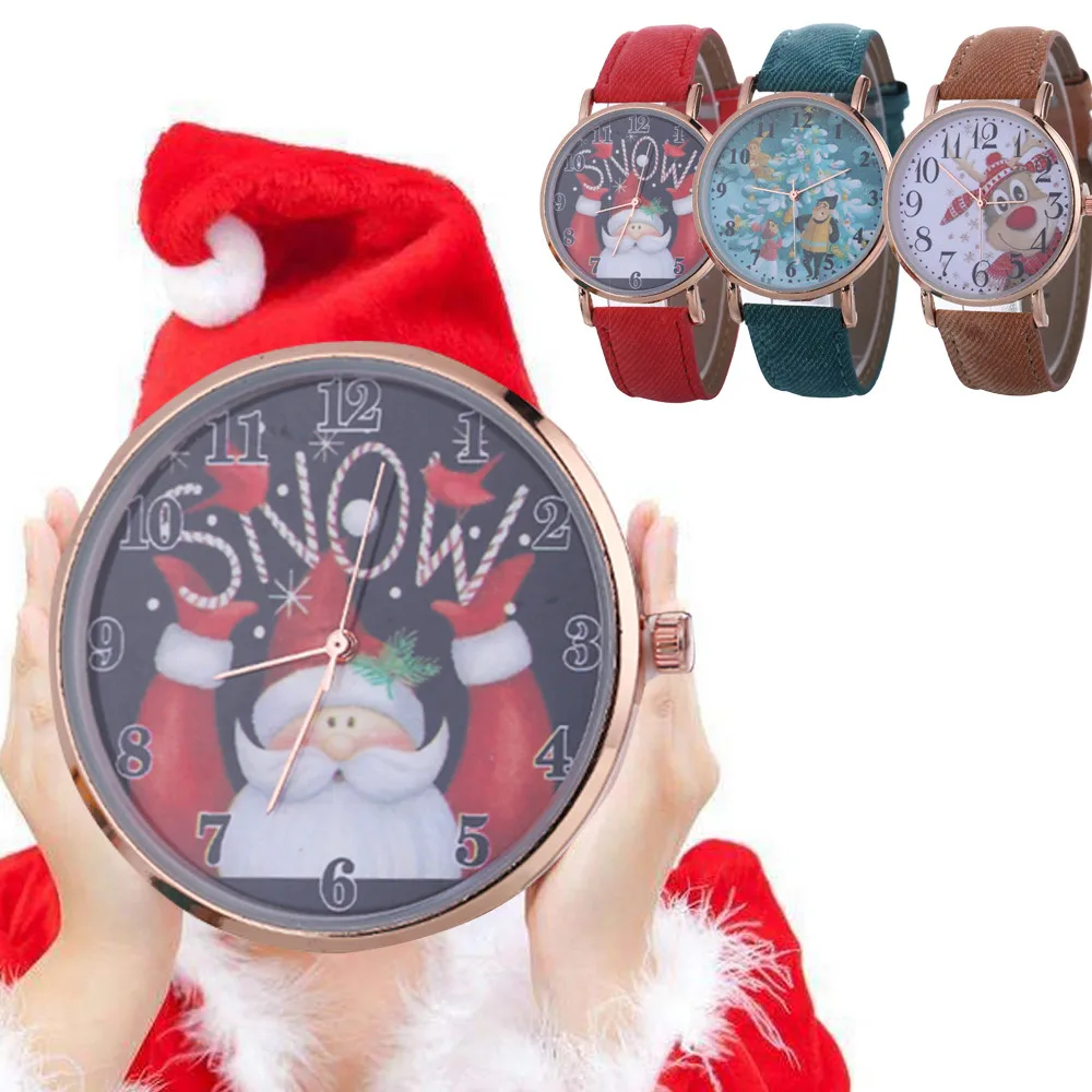 Женские часы reloj mujer Часы relogio feminino Рождественский узор кварцевые часы с кожаным ремешком настольные часы