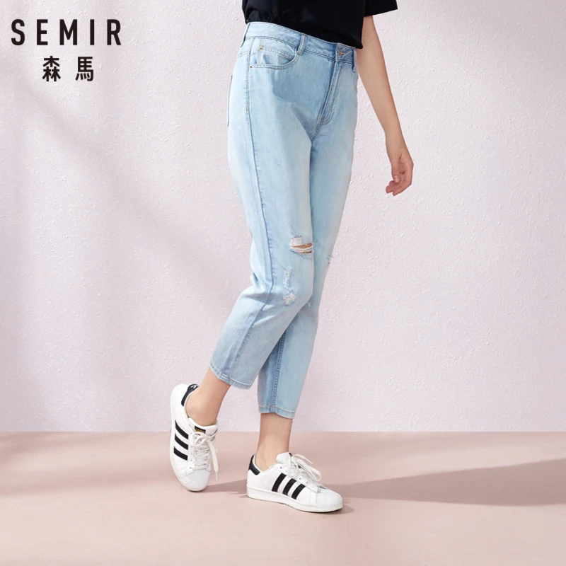 Женские джинсы с дырками SEMIR черные рваные брюки в стиле бойфренда лето 2019 |