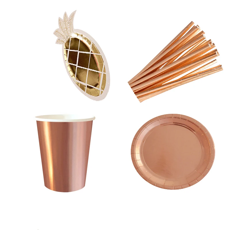 Rose Gold Disposable Tableware Sets Pineapple Plate Flamingo Straws Cup Summer Hawaii Party Supplies Birthday Wedding Decoration | Дом и сад