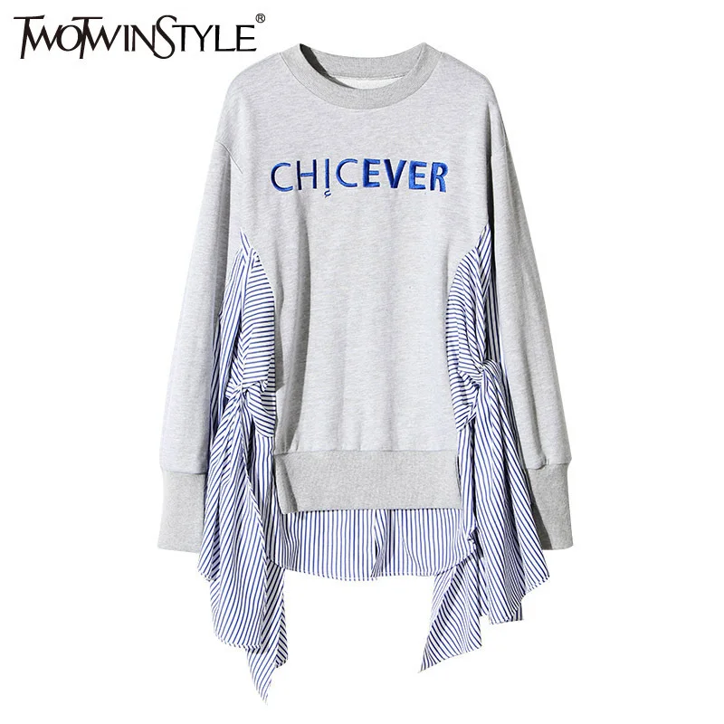 Женское лоскутное худи TWOTWINSTYLE весеннее асимметричное в полоску с круглым