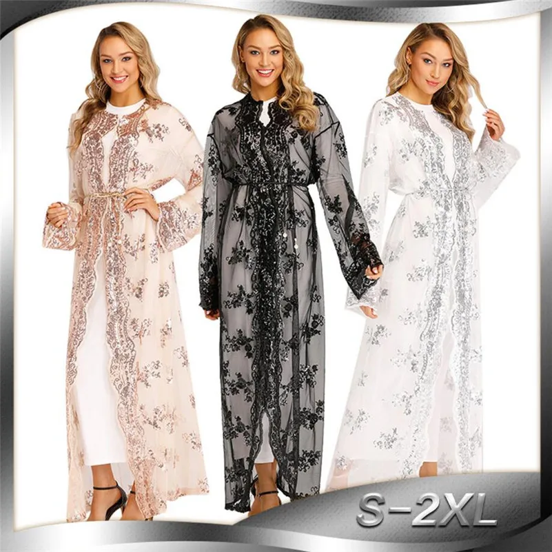 

Luxury Embroidery Sequins Abaya Muslim Maxi Dress Cardigan Long Robe Gowns Kimono Ramadan Arab Islamic Worship Service a1140