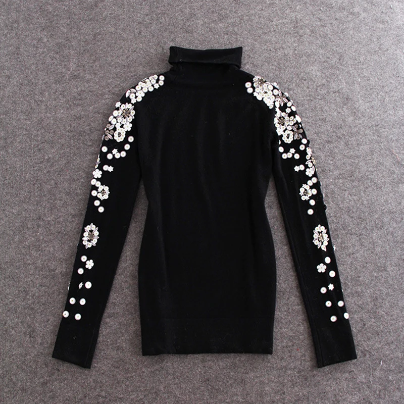 Women Sweaters And Pullovers Fashion 2020 Winter Turtleneck Black Basic Thin Flower Beads Long Sleeve Slim Body Knitted Sweater | Женская