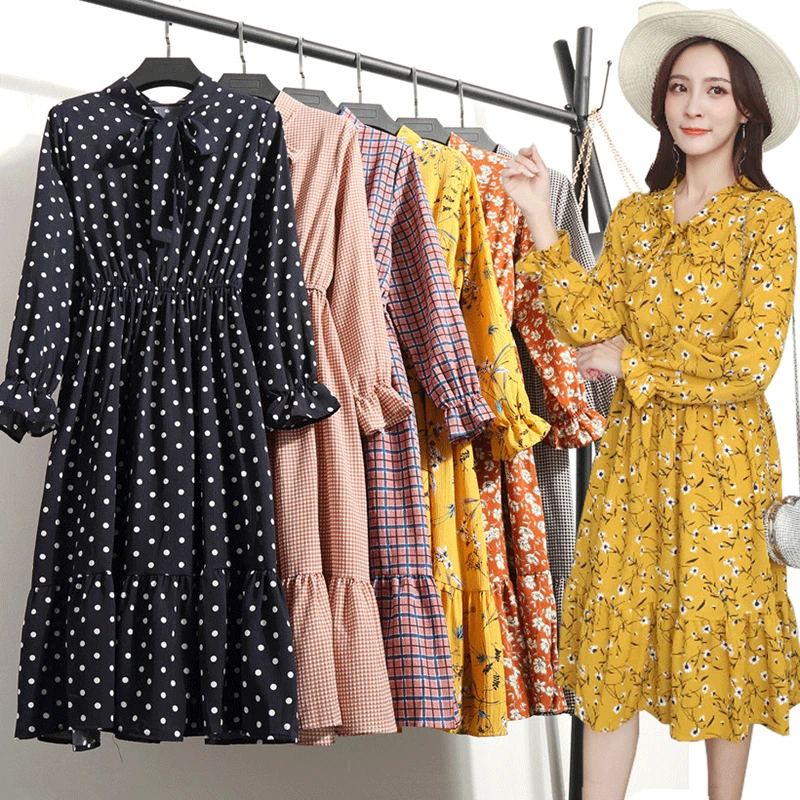

2019 Spring Autumn Women's Chiffon Dresses Stand Neck With Bow Floral Print Ruffles Vestido Long Sleeve Elegant Cute Dress S-XL