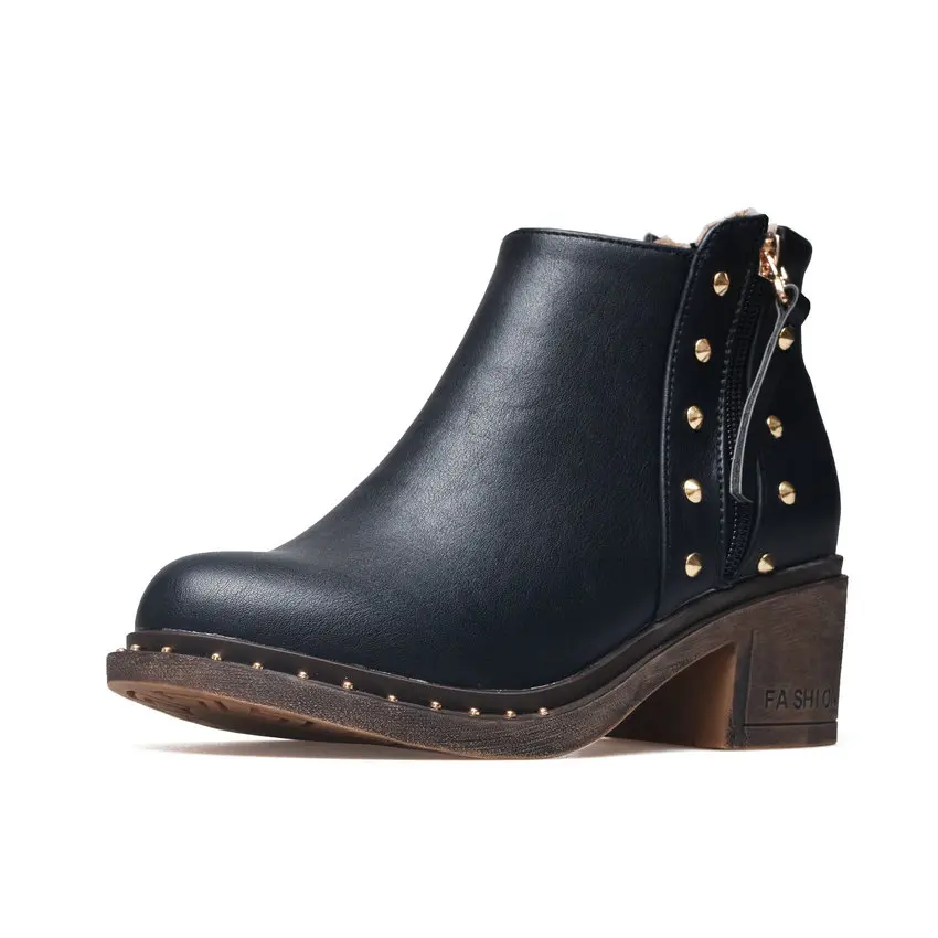 QUTAA Round Toe Casual Women Ankle Boots Winter Warm Fur Antiskid Shoes Fashion Rivet Thick Heel Zipper Boots Size 34-43