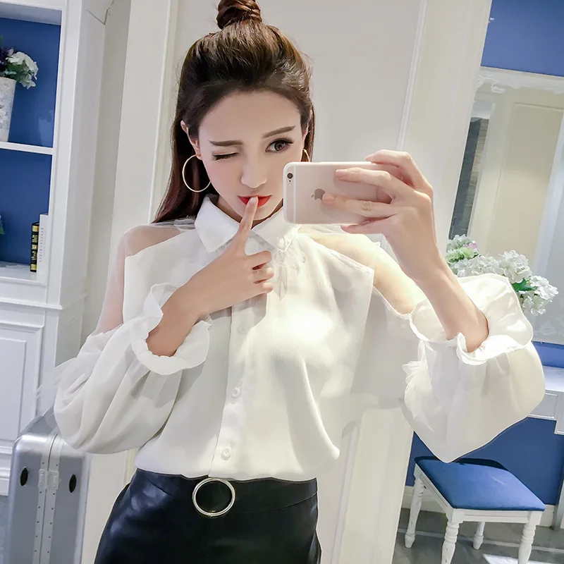 2018 spring Korean style office lady casual shirt perspective sexy solid long sleeves white blouse women fashion lace sleeve |