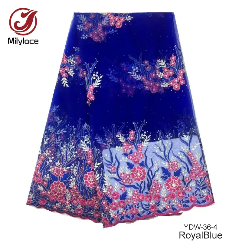 

Latest african tulle lace with rhinestones lovely flower pattern nigerian embroidery lace fabric for wedding dress YDW-36