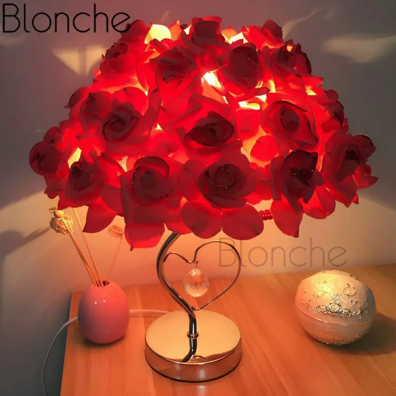 

European Table Lamp Rose Flowers Bedside Night Light for Home Bedroom Living Room Decor Lighting Wedding Party Indoor Fixtures