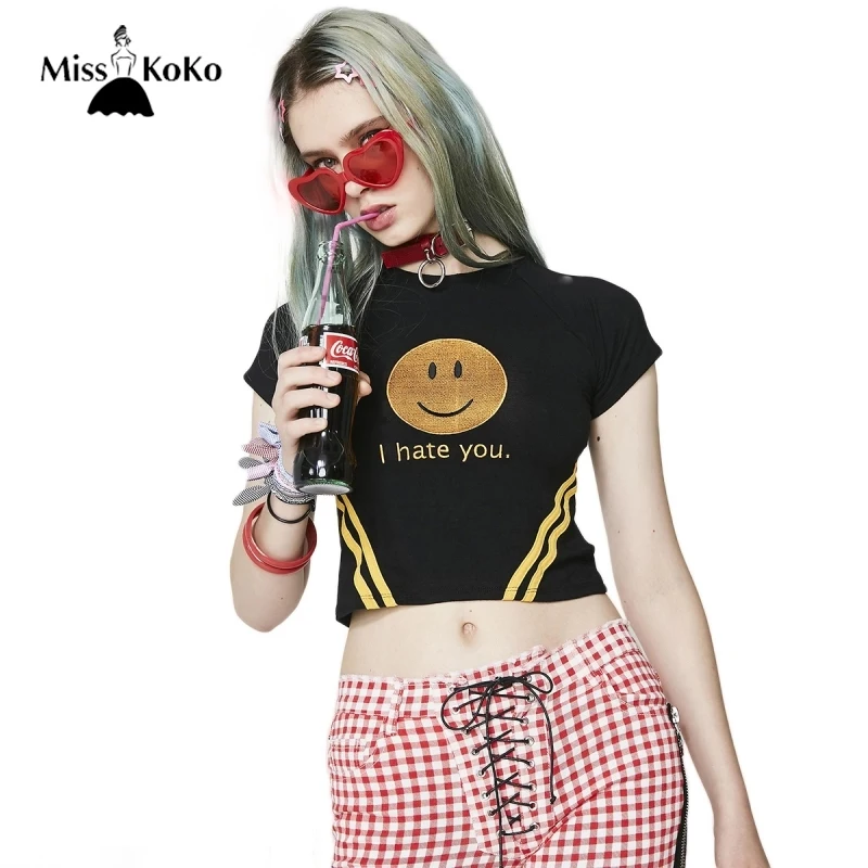 MIisskoko Для женщин Chic I Hate You печати Улыбающееся черно белой Милая футболка