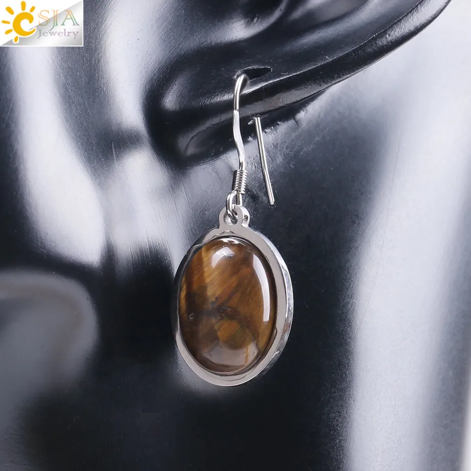 Tiger Eye CSJA натуральный камень, фиолетовый с кварцевым тигровым глазом Лазурит Овальные бусины Серьги с простым дизайном стиль для женщин модные ювелирные изделия F120 - Окраска металла: Tiger Eye
