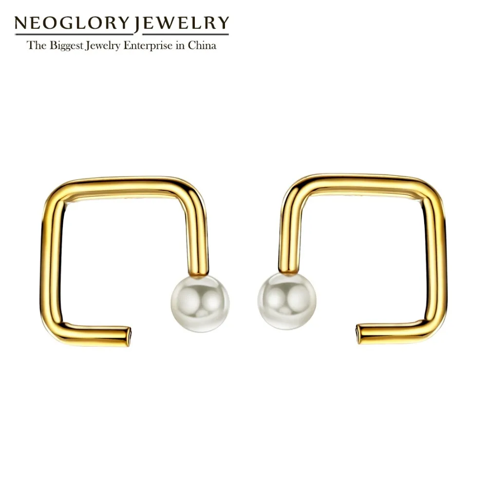 Серьги-гвоздики Neoglory женские с искусственным жемчугом модные квадратные