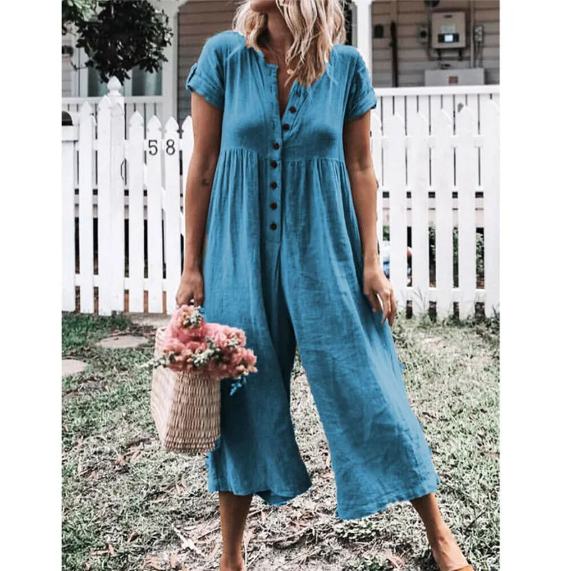 

Womens Button Summer Jumpsuit Ladies Sexy Solid Short Sleeve Jumpsuit 2019 Elegant Woman Playsuit Casual Loose Rompers Trousers