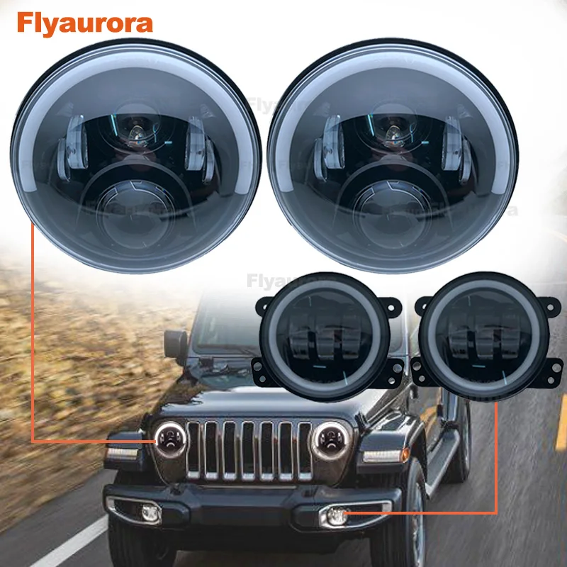 60w black DRL set1 Комплект 60 Вт 7 дюймов светодиодный фары с 4 дюйма светодиодный фонарь Белый DRL Halo Кольцо для Jeep Wrangler 97- JK TJ для jeep compass - Цвет: 60w black DRL set1
