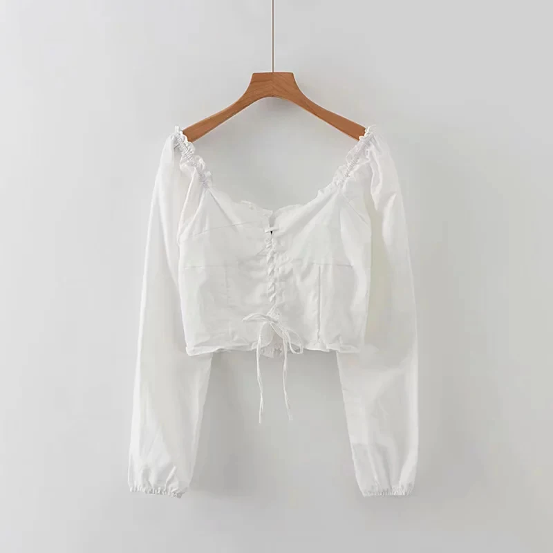 Блузка женская клетчатая с длинным рукавом и квадратным вырезом на