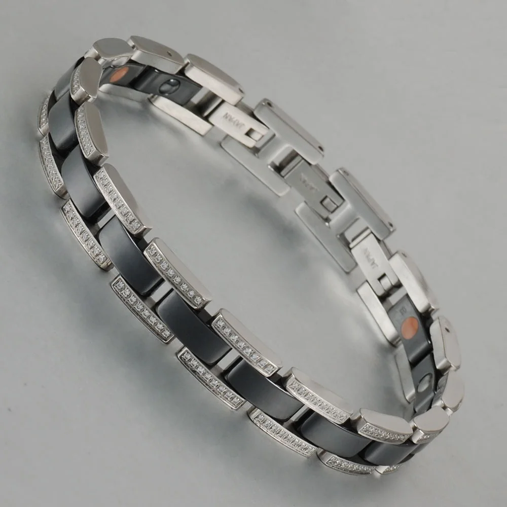 Wollet Jewelry Black White Ceramic Solid Germanium Bracelets Bangle for Women Men Magnet Metallic Health Healing Energy