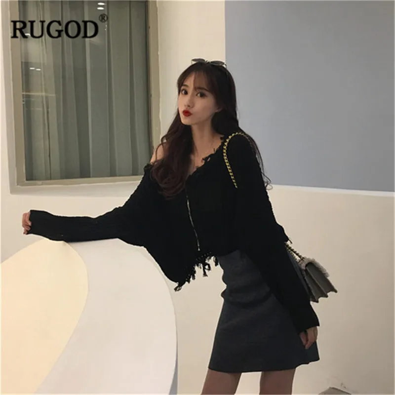ROGUD 2019 Autumn Vintage Women Loose Off Shoulder Sweater Ladies Solid Tassel Cardigans swetry damskie |