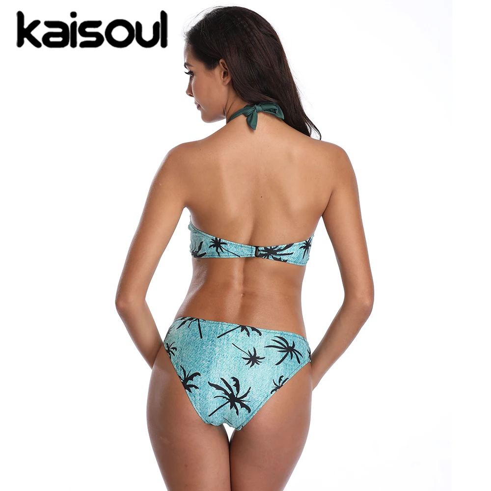 Two Pieces Sexy Bikini Set Swimsuit Print Women Swimming Beachwear Swimwear New Arrival Push Up Vintage Padded Palm Bowtie |