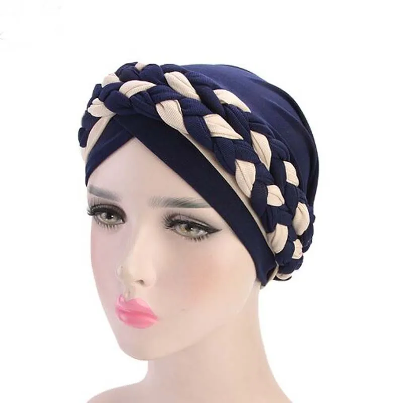 Богемный Национальный Твист коса Skullies Beanies весна осень бренд тюрбан шапки для женщин модная шапочка для химиотерапии - Цвет: navy blue beige