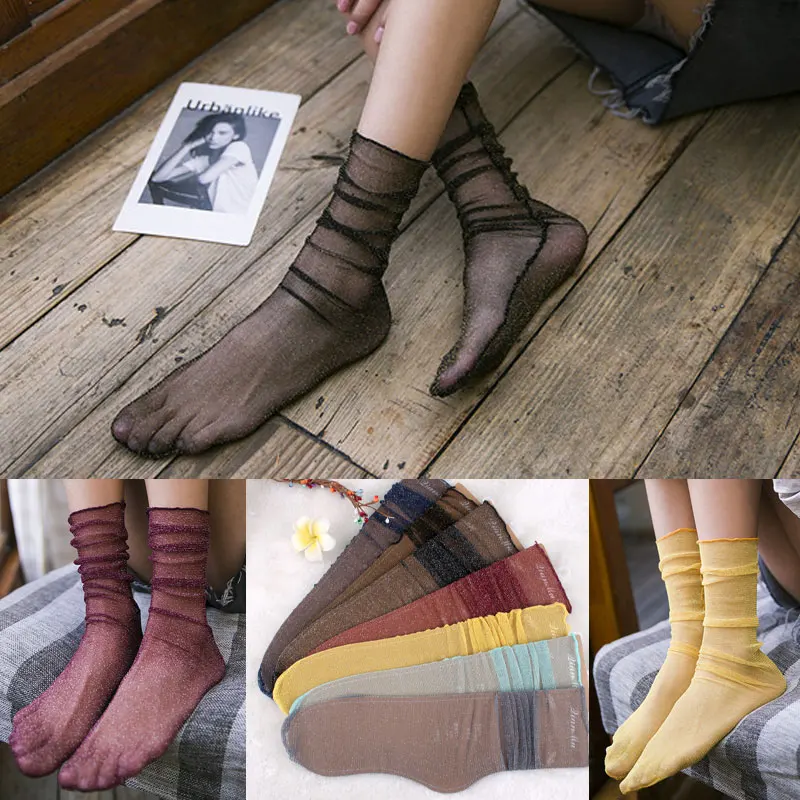Короткие шелковые чулки calcetines женские модные прозрачные сетчатые с серебристым
