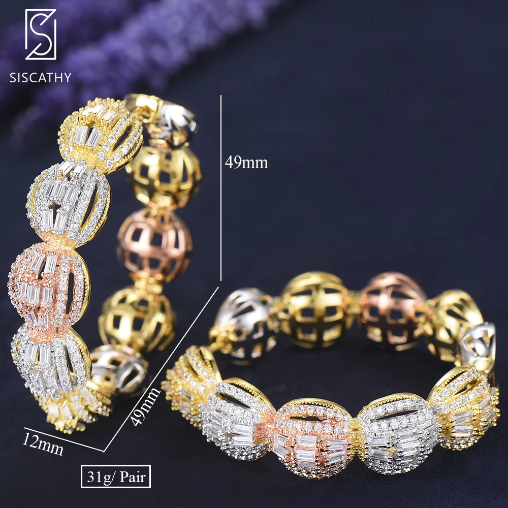 

SISCATHY New Women Wedding DUBAI Bridal Square Circle Hoop Earrings Luxury Disco Ball Cubic Zircon Statement Big Hoop Earrings