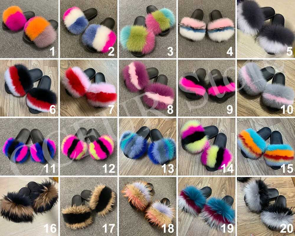 CCFUR New Colors Summer Slides Women's Real Fox Fur Slippers Fluffy Fur Sliders Mixed Color Fashion Lady S6048