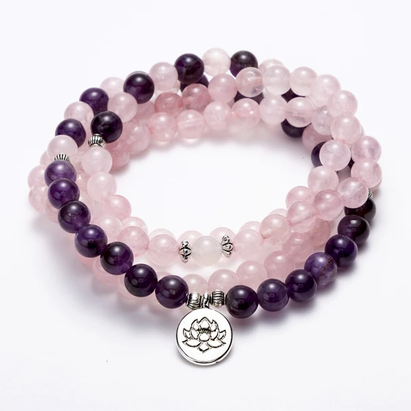 purple lotus Женские 108 бусины, розовые камни, эластичные браслеты, Lotus OM, Будда, молитва, любовь, массивные ювелирные изделия - Окраска металла: purple lotus