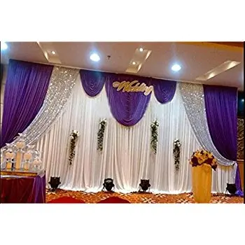 

3M x 6M White backdrop with Shiny Silver sequin and voilet swags Wedding stage curtain