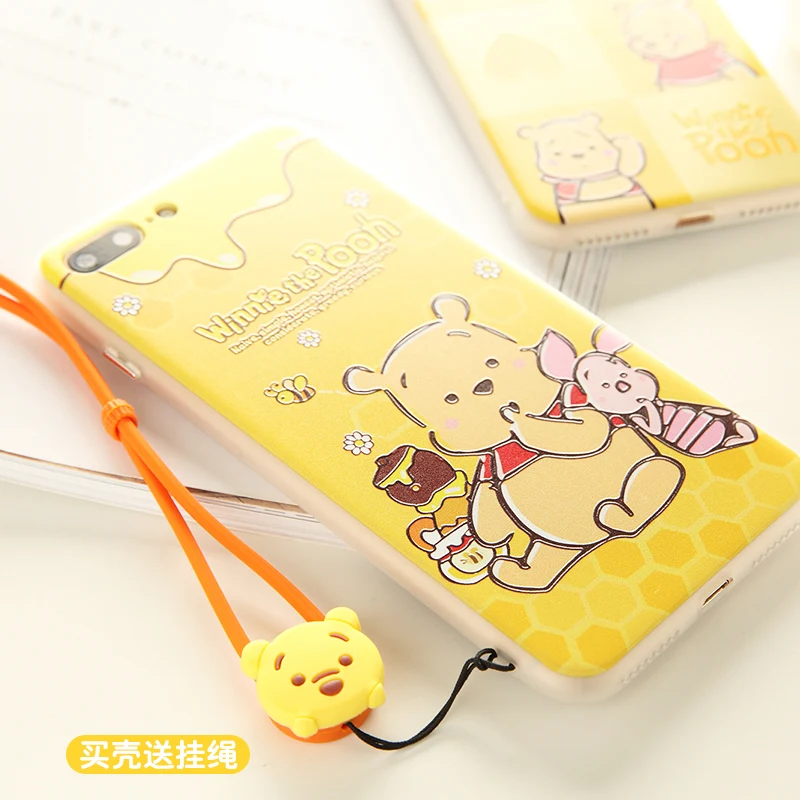 For iPhone X cartoon Winnie bear case for 6 6s plus relief pattern cute animal phone cover 7/8 hard + strap |