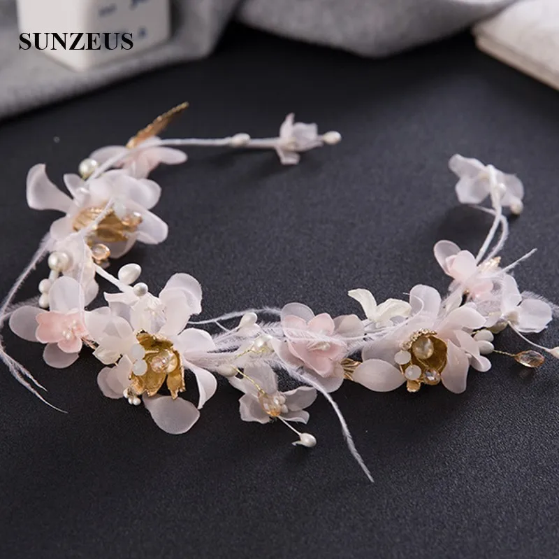 

Hand-made Pink Flowers Headband Gold Leaves Feathers Bridal Head Band Wedding Headwear Chain Accessory SQ0263