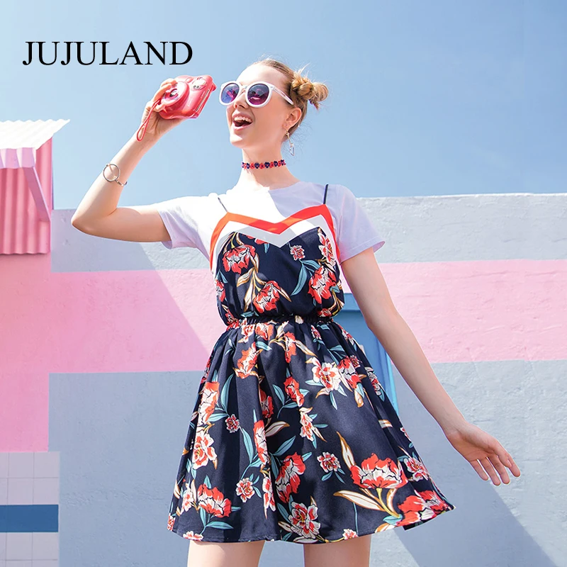 2018 Women Two Piece Set Summer Dresses Big Sizes Elastic Waist Floral V-Neck Halter Dress and Soild White T-Shirt 2 set | Женские