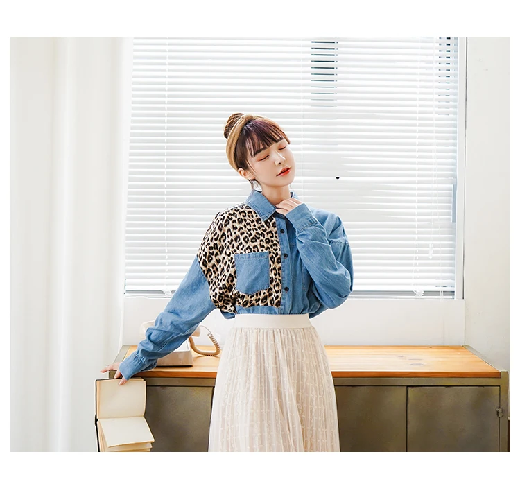 Женский свободный джинсовый топ с длинным рукавом Леопардовый соединенный