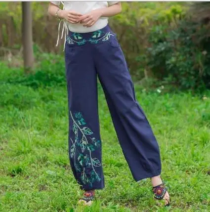 Женские винтажные свободные брюки с вышивкой длинные в стиле ретро летние бриджи