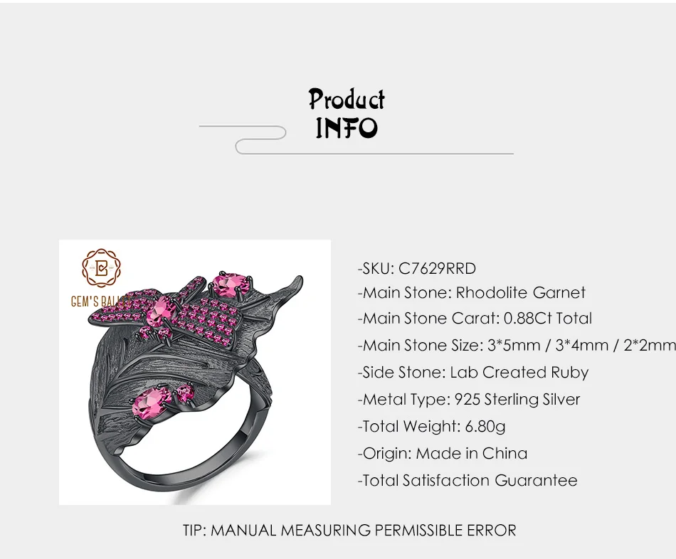 GEM'S BALLET, 0.88Ct, натуральный родолит, гранат, регулируемое кольцо, 925 пробы, серебро, ручной работы, кольцо в виде листа, кольца для женщин, бижутерия