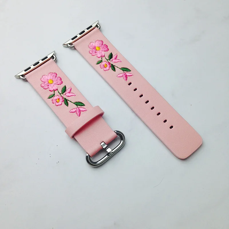 Ремешок для часов из натуральной кожи для Apple Watch 38 мм 42 мм красный цветок вышивка для женщин и мужчин сменный Браслет ремешок для iwatch 1 2 3