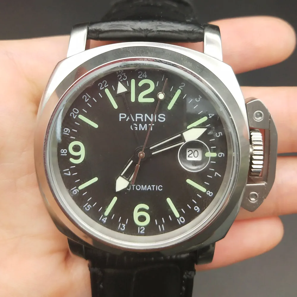 Часы GMT parnis наручные часы с черным циферблатом автоматические 44 мм полированный