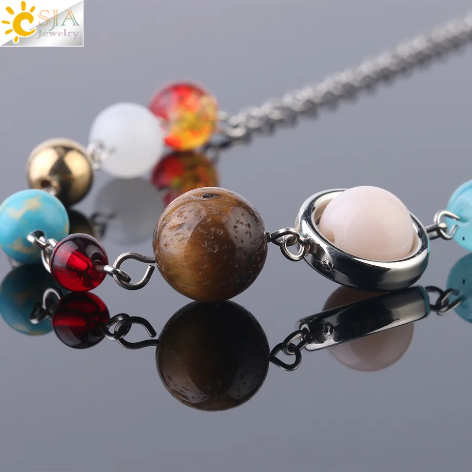 

CSJA Solar System Planets Choker for Women Silver Color Short Statement Necklace Natural Stone Universe Galaxy Beads Collar S238