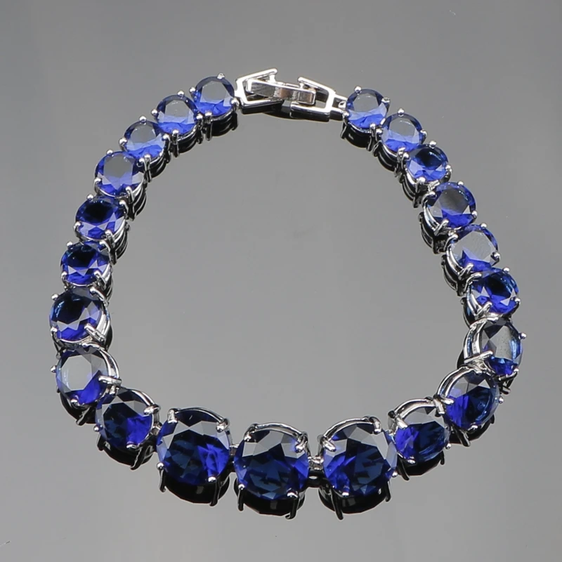 Женский браслет Круглый из стерлингового серебра с синим кубическим цирконием