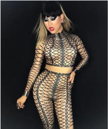 Glisten Crystals Sexy Rompers Costume  Women's Outfit Black stones gird bandage Bodysuit Celebrate Wear